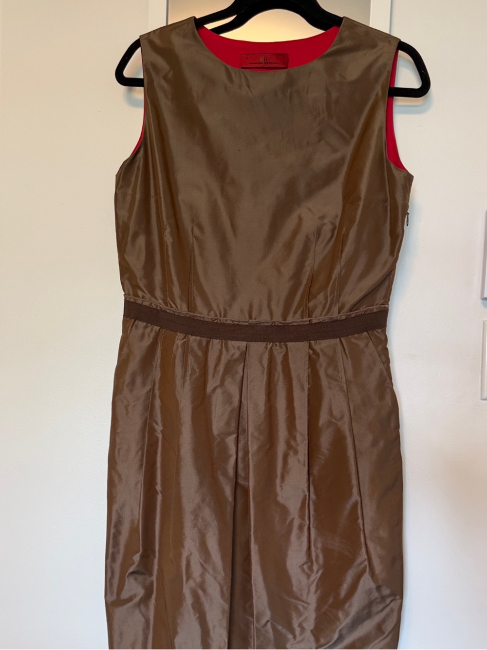 Carolina Herrera 100% Silk Dress Brown Sheath Red Trim